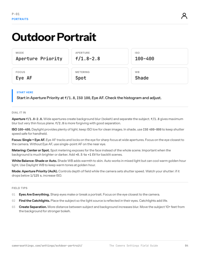 The Outdoor Portrait card from the print deck: quick settings tiles, a Start Here line, Dial It In notes, and three field tips