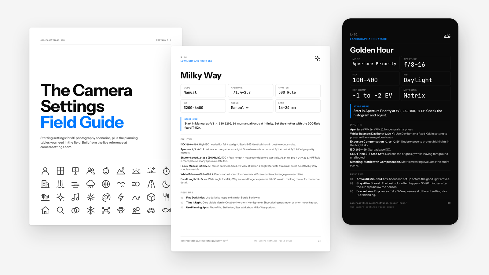 The Camera Settings Field Guide: the print cover, the Milky Way print card, and the Golden Hour phone card