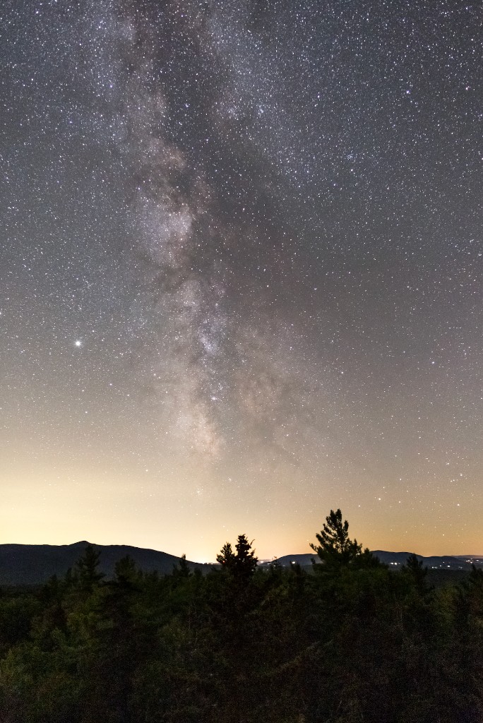 The Milky Way core standing upright beside trees in a tall frame