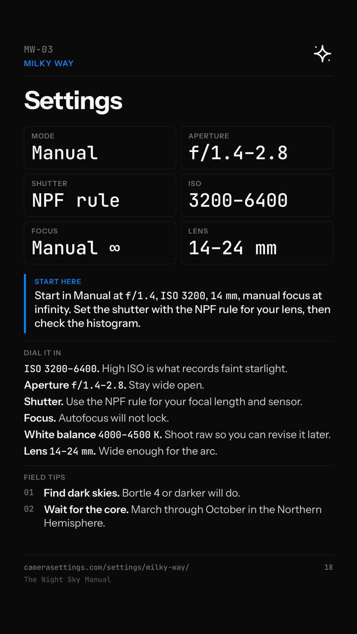 Milky Way settings, page MW-03 of the phone edition