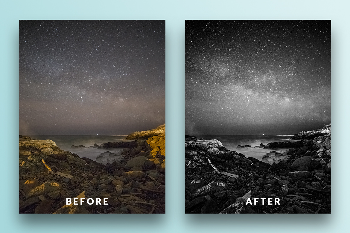 Before and after — Milky Way over rocky coast